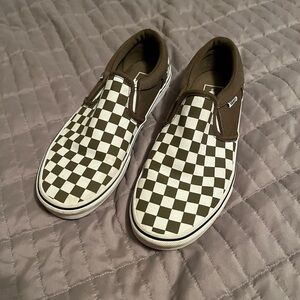 Vans Men's Checkerboard Slip-On Shoes - Olive and White, M8, W9.5